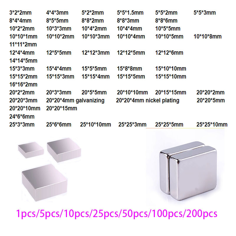 Square Super Strong Magnets Length 3-25mm N35 Rare Earth NdFeB Magnet Multiple