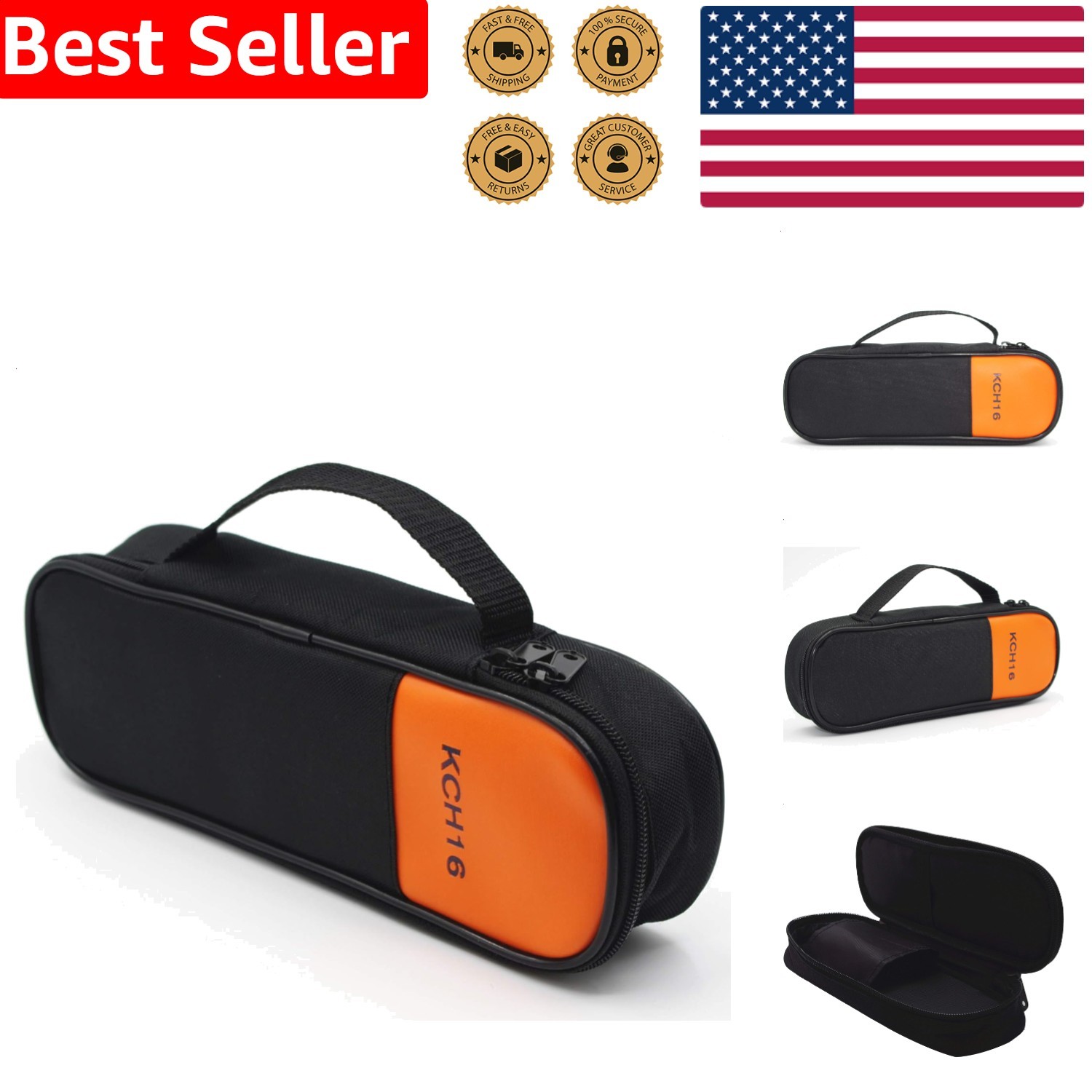 Heavy Duty Clamp Meter Storage Case with Double Zipper Black Orange Protective