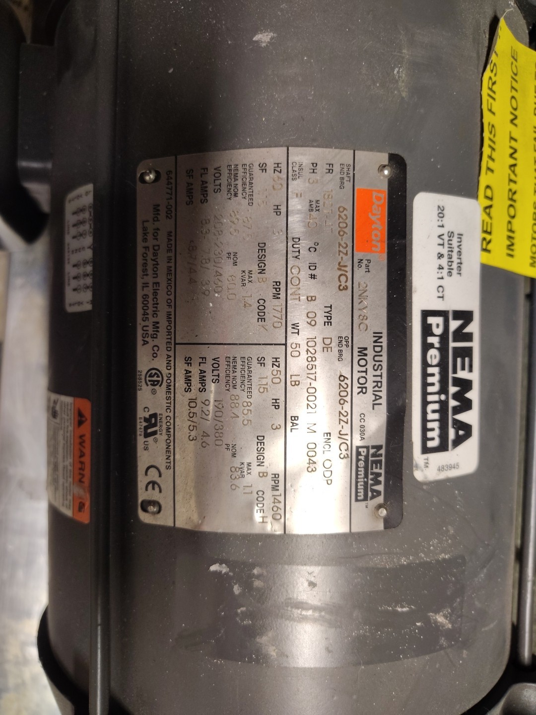Dayton 2NKY8C 3HP 1770 RPM INVERTER SUITABLE 20:1 VT 1:4 CT. 3 HP MOTOR