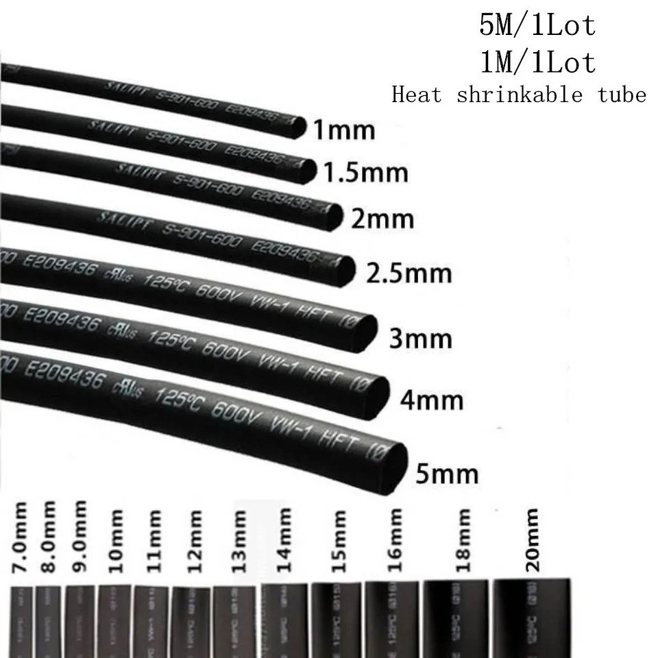 5M Heat Shrink Tubing Tube Black 1mm 2mm 3mm 4mm 5mm 8mm 10mm 1- 12mm 2:1