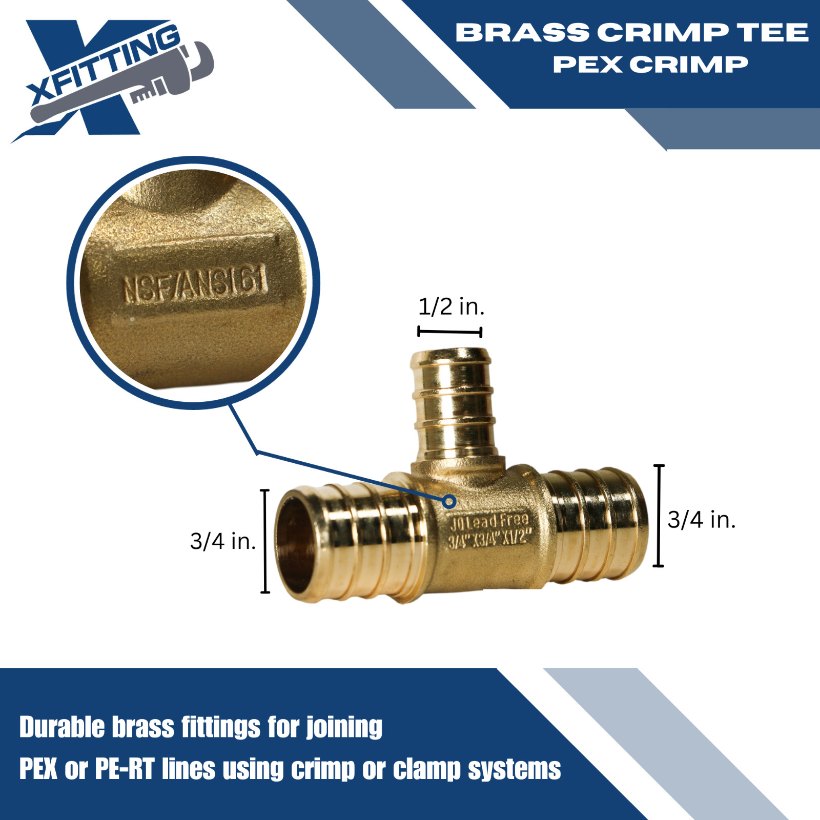 5 PCS. 3/4″ X 3/4″ X 1/2″ PEX TEE BRASS CRIMP FITTING, LEAD FREE, FOR PEX B PIPE