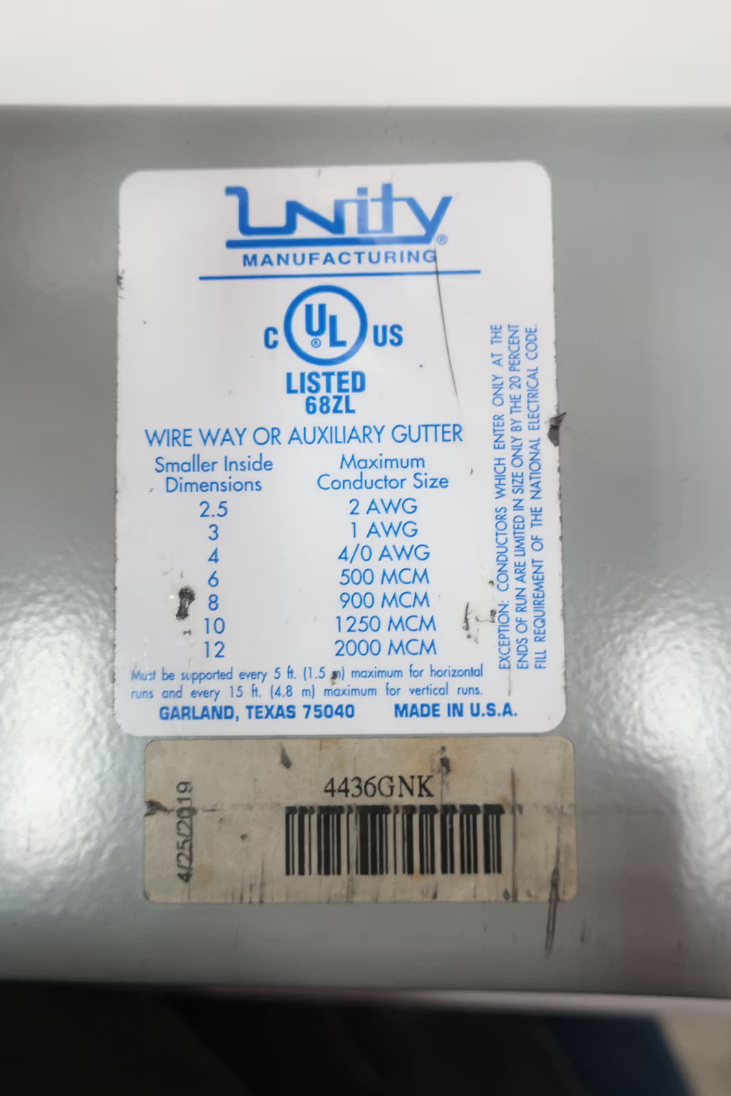 Unity 4436GNK Wire Gutter 36in X 4in X 4in