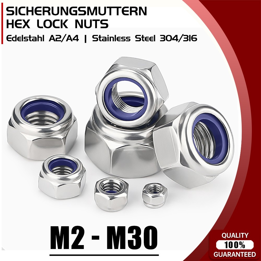 M2 M3 M4 M5 M6-M30 Stainless Steel 304/316 Hex Nyloc Nut Nylon Insert Lock Nuts