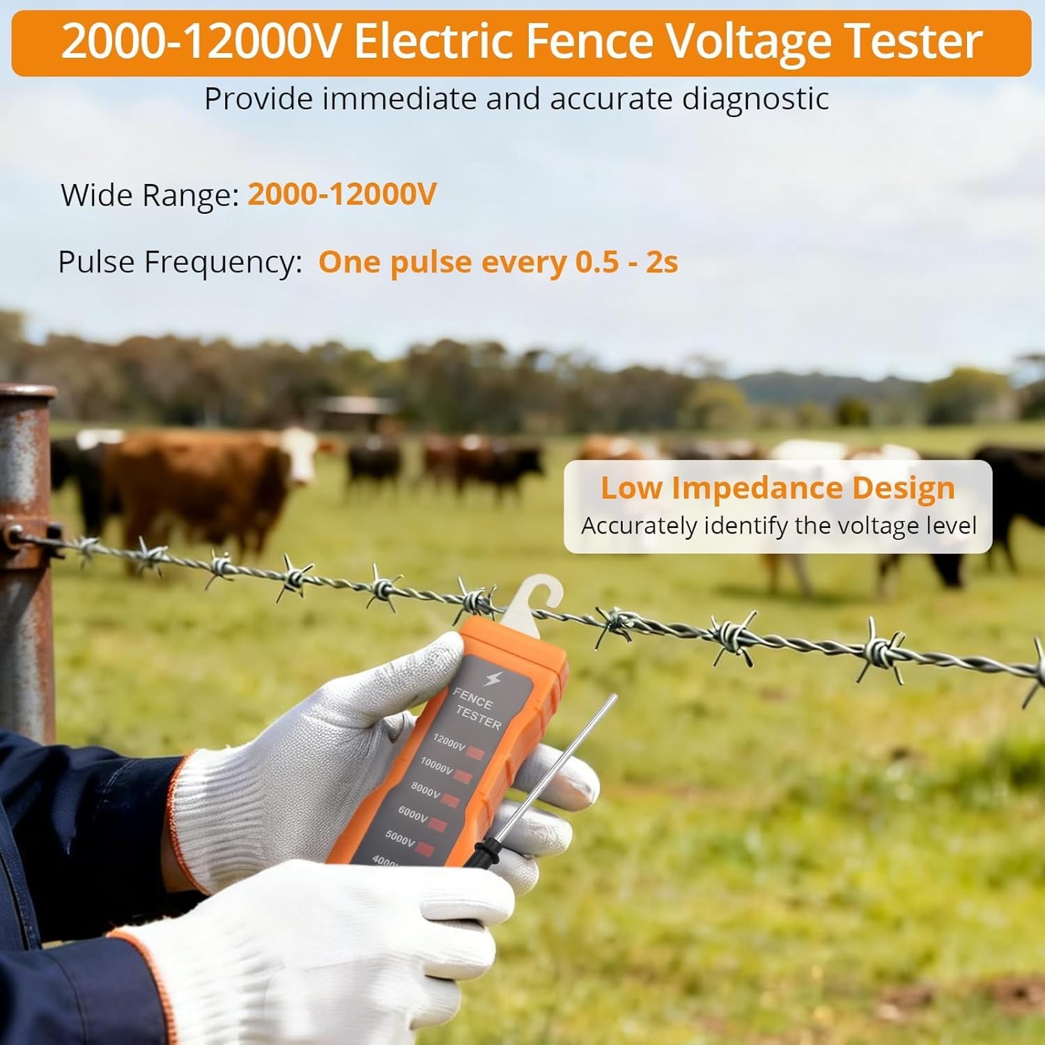 2000-12000V Electric Fence Voltage Tester Fence Fault Finder with 8 Neon Indicat
