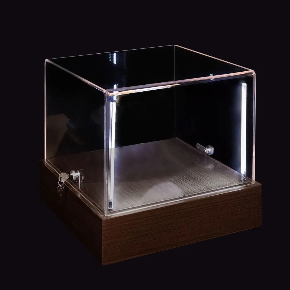 Dark Walnut Clear Acrylic Locking LED Display Case 14.75″ x 14.75″ x 13.75″