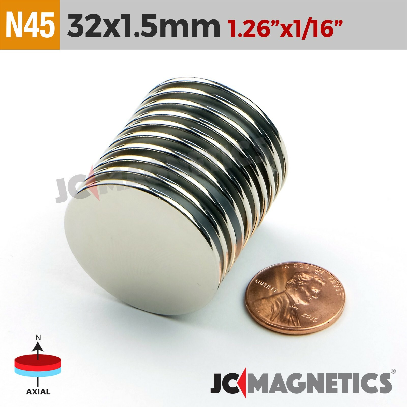 32mmx1.5mm 1.26″x1/16″ N45 Super Strong Disc Rare Earth Neodymium Magnet Fridge