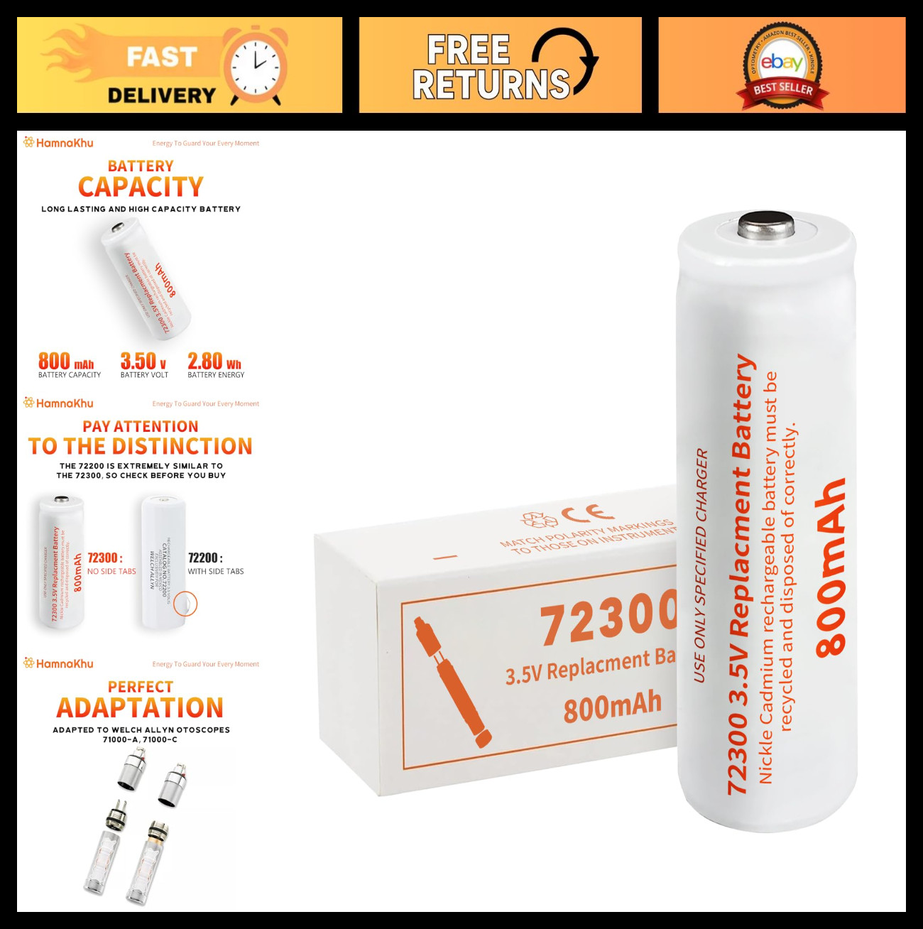 Rechargeable 800mAh Nickel-Cadmium Battery for Otoscope Models 71000-A & C