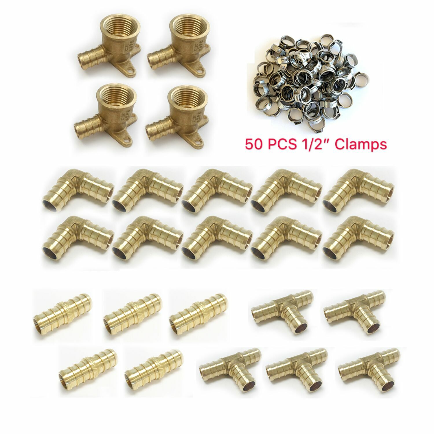 74PCS EFIELD 1/2″ Pex Barb Crimp Brass Fitting: Drop-ear,Tee Elbow Coupler,Clamp