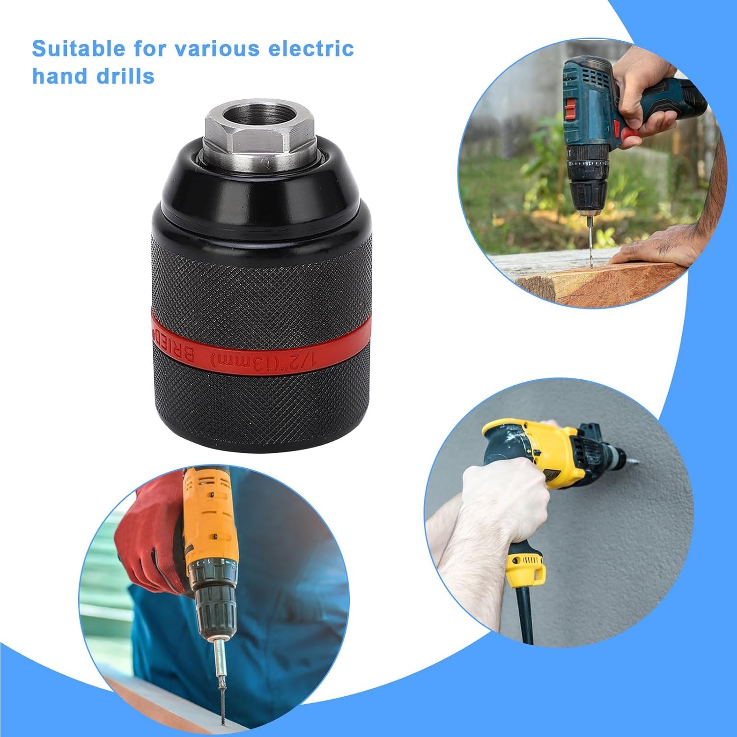 Metal Heavy Duty 1/2-20UNF 13mm Keyless Drill Chuck Hex Shank/SDS/Square Adaptor