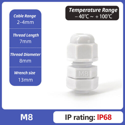 M8 to M72 White/Black IP68 Waterproof Cable Gland Nylon Compression Stuffing