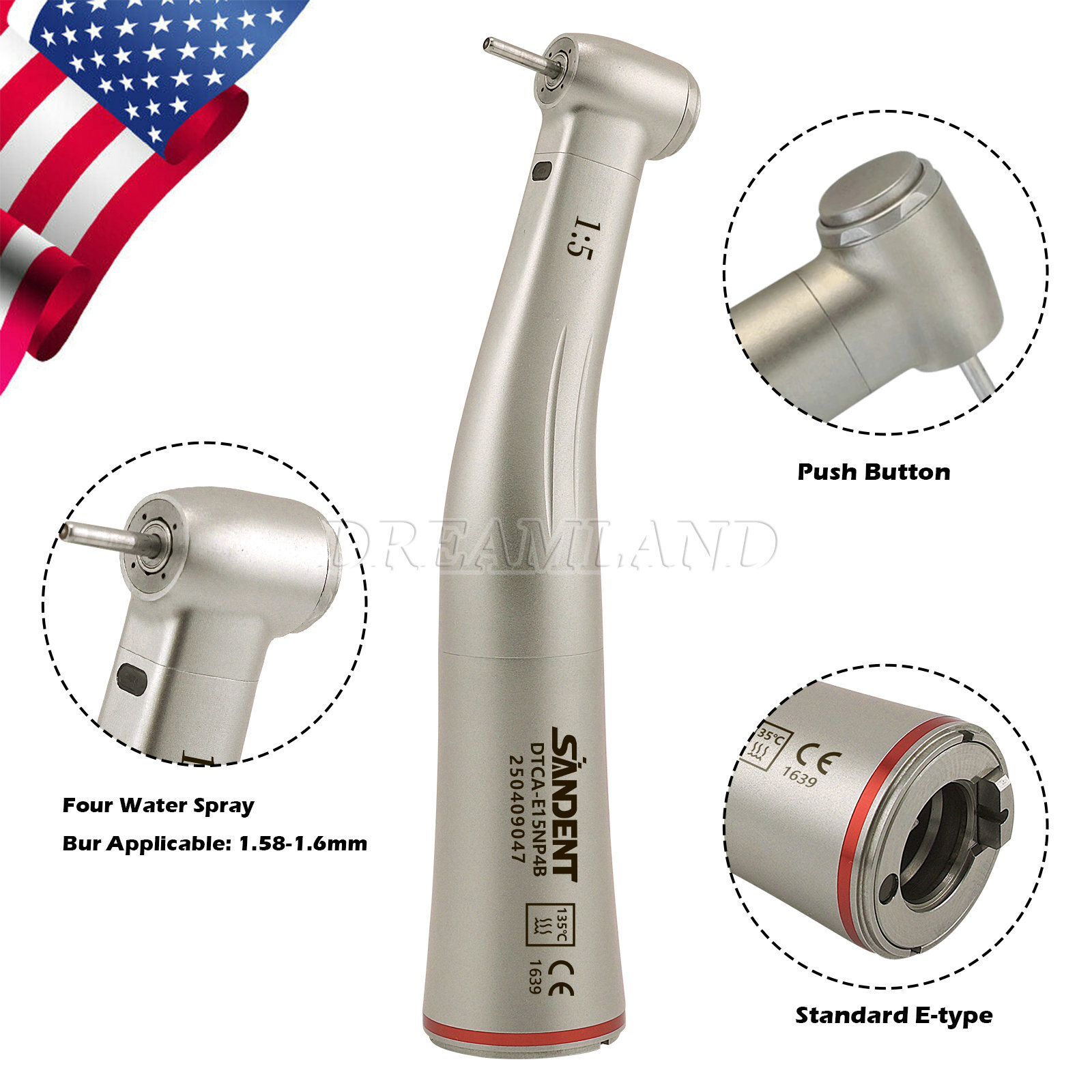 Dental 1:5 LED Fiber Optic Contra Angle Handpiece 4 Sprays Fit NSK Ti-MAX X95L