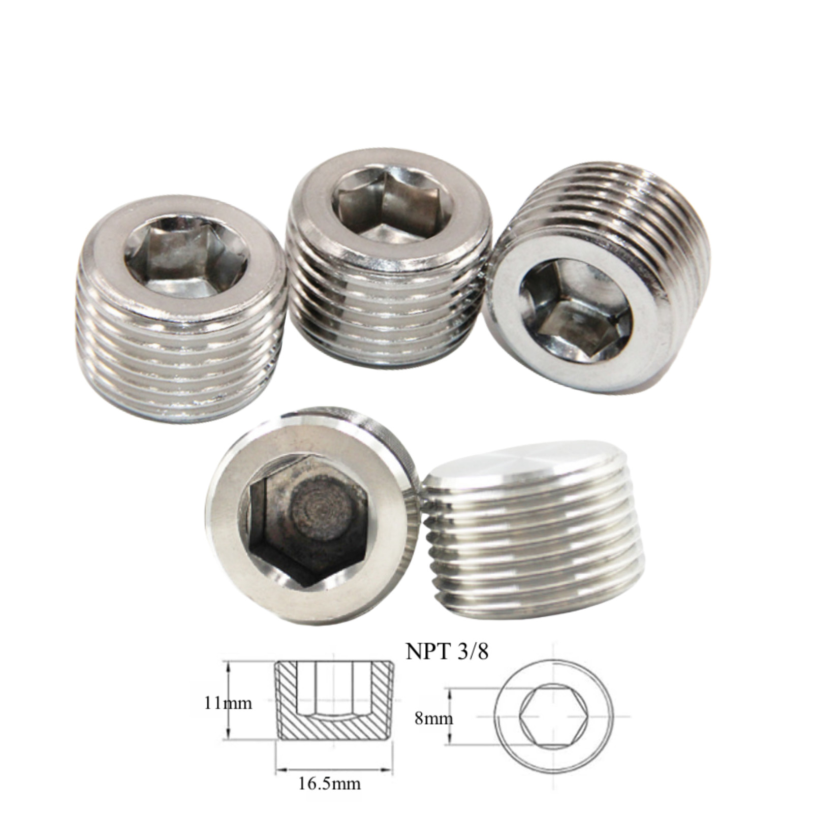 5PCS 3/8″ NPT PLUG MALE THREAD STAINLESS STEEL FITTING COUNTERSUNK INTERNAL HEX