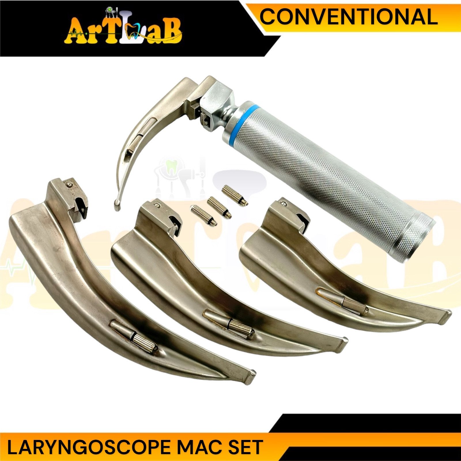 GERMAN LARYNGOSCOPE SET OF 4 INTUBATION BLADES 1,2,3,4 + MEDIUM HANDLE