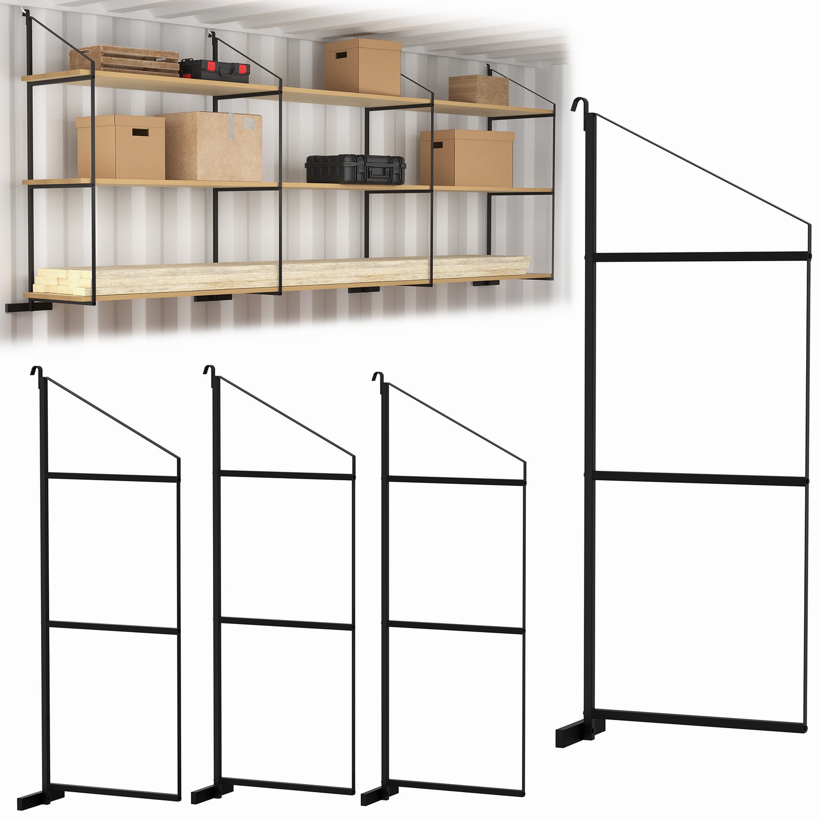 Life Finds Black 3 Tier Shipping Container Shelving Brackets, 4 Pack