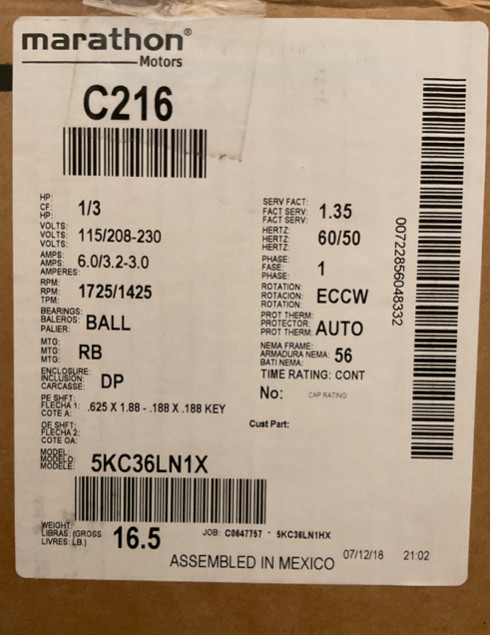 C216 MARATHON, 0.33 HP, 1 Ph, 60 Hz, 115/208-230 V, 1800 RPM, 56 Frame, DP