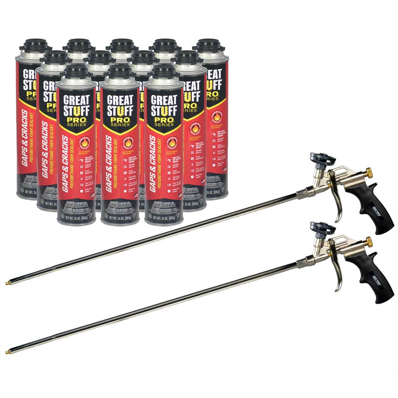 Great Stuff PRO Gaps and Cracks 24 oz cans (12) + AWF 2ft Pro Foam Gun (2)