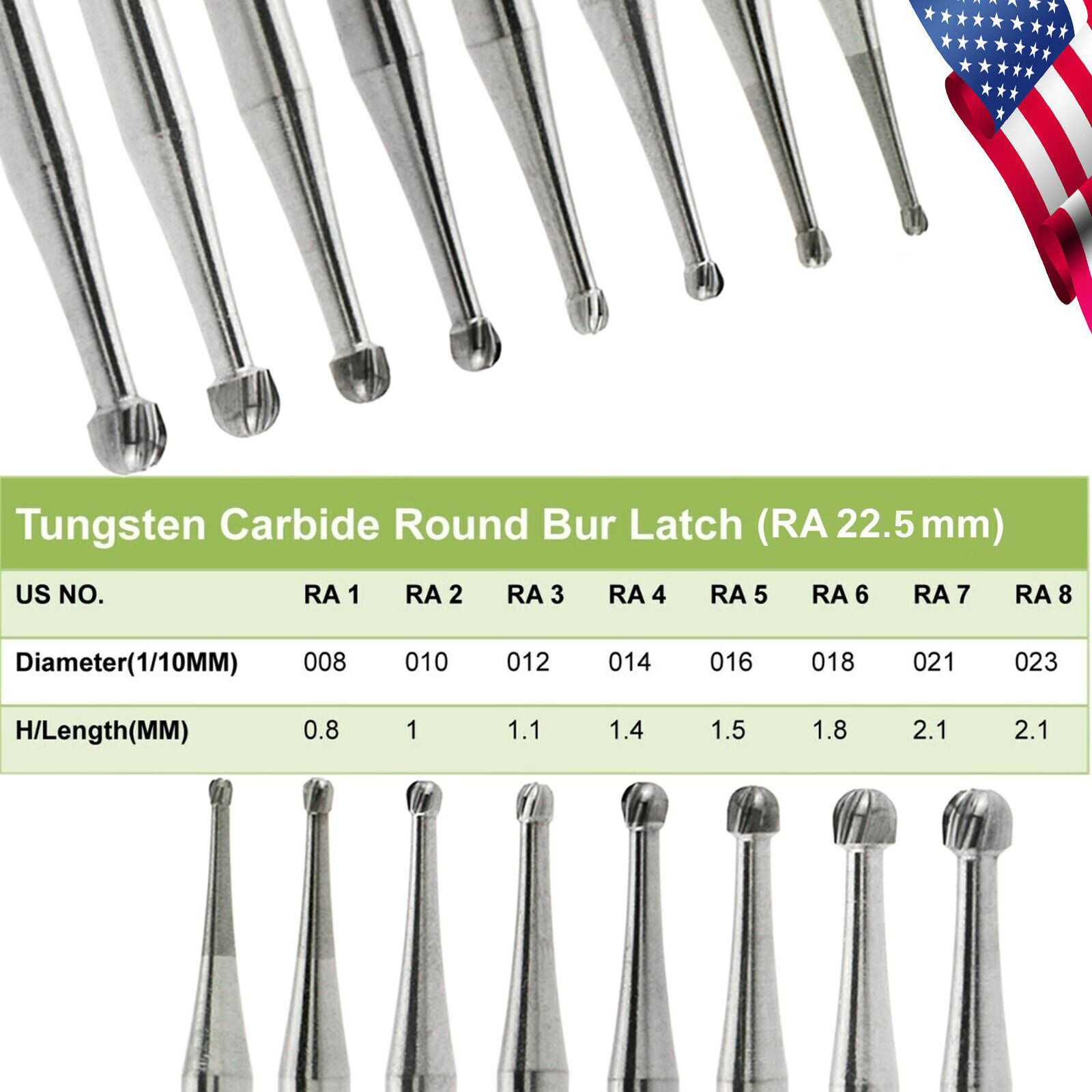 Dental Carbide Round Burs Length Latch Burs Low Speed CA RA 1 2 3 4 5 6 7 8 SA