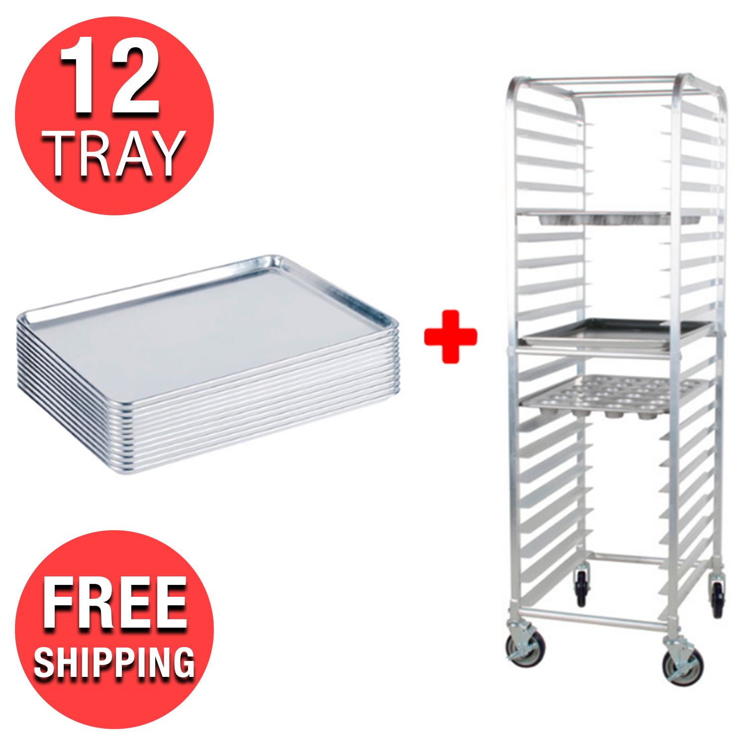 12 Pack Full Size 18″ x 26″ Pans + 20 Pan Rack Commercial Dough Baking Bun Sheet