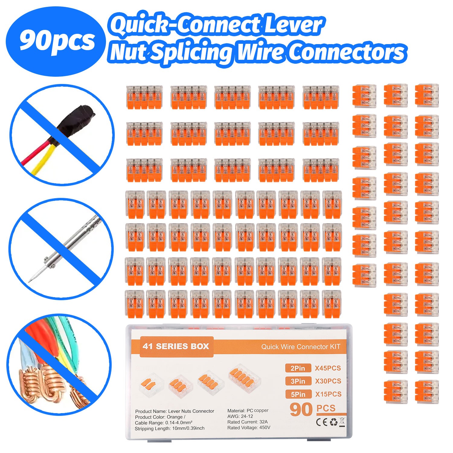 90Pcs For Wago 221 Lever Nuts Compact Splicing Wire Connectors – 2/3/5 Terminal
