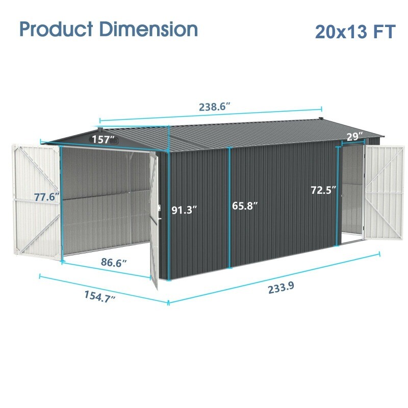 20’x13’ft Heavy Duty Metal Car Garage Shed Galvani Steel Outdoor Storage 3 Doors