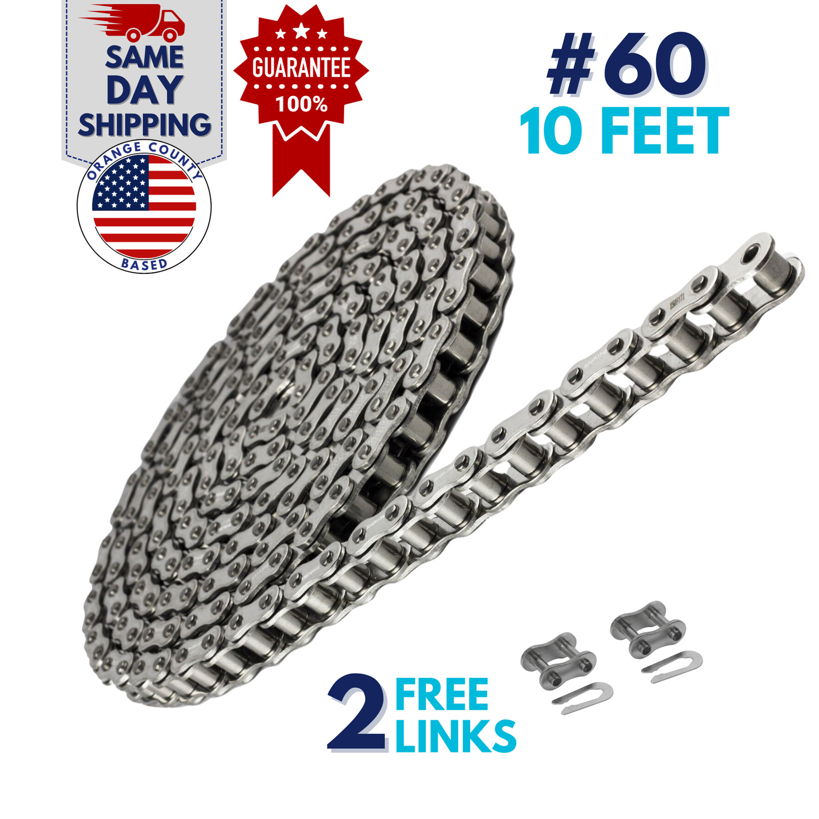#60 SS Stainless Steel Roller Chain 10 Feet with 2 Connecting Links