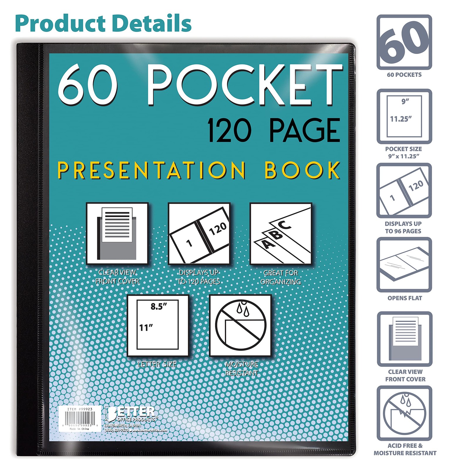 Better Office Products 60 Pocket Bound Black Presentation Book, with Clear Vi…