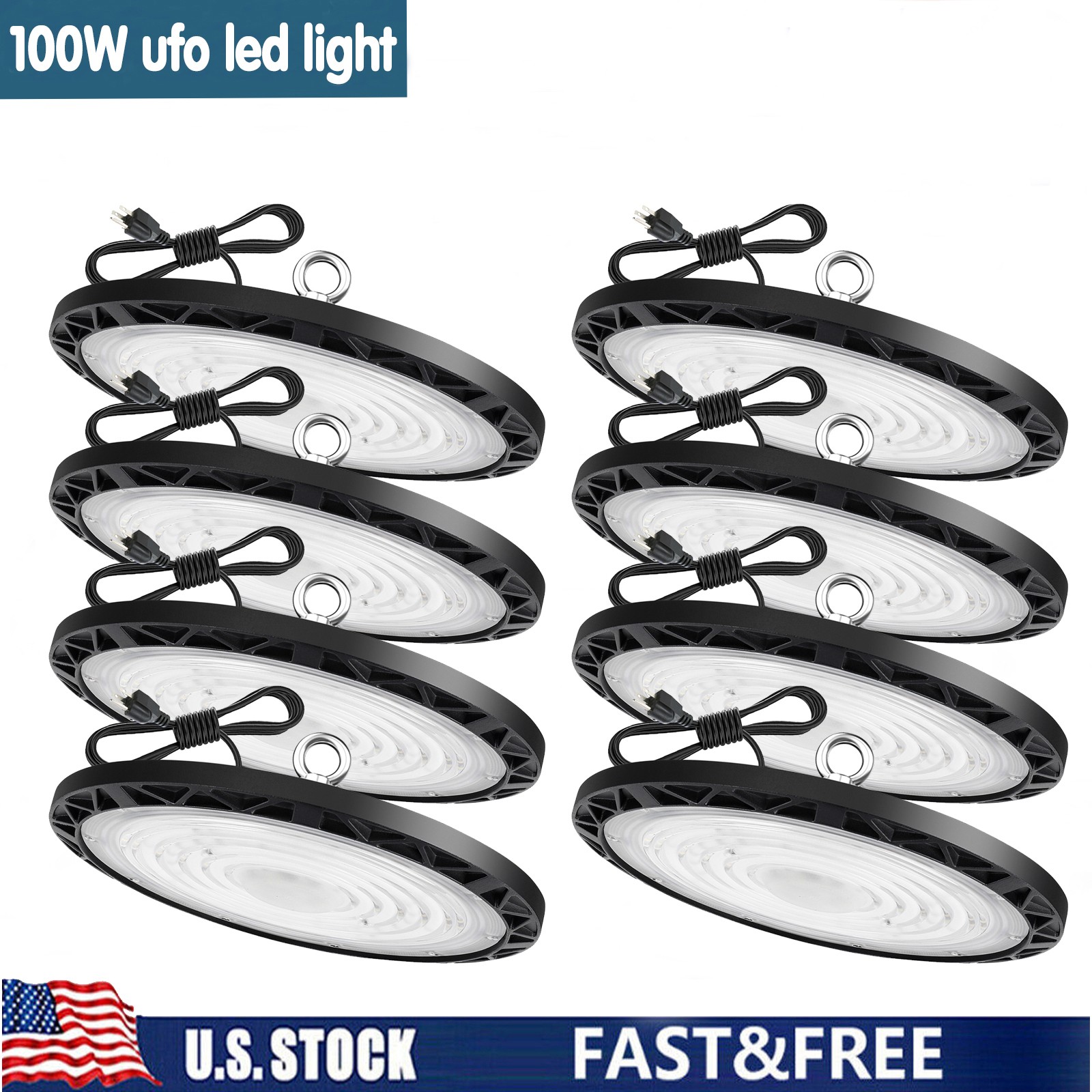 8Pcs UFO Led High Bay Light 100W Warehouse Factory Commercial Industrial 90-277V