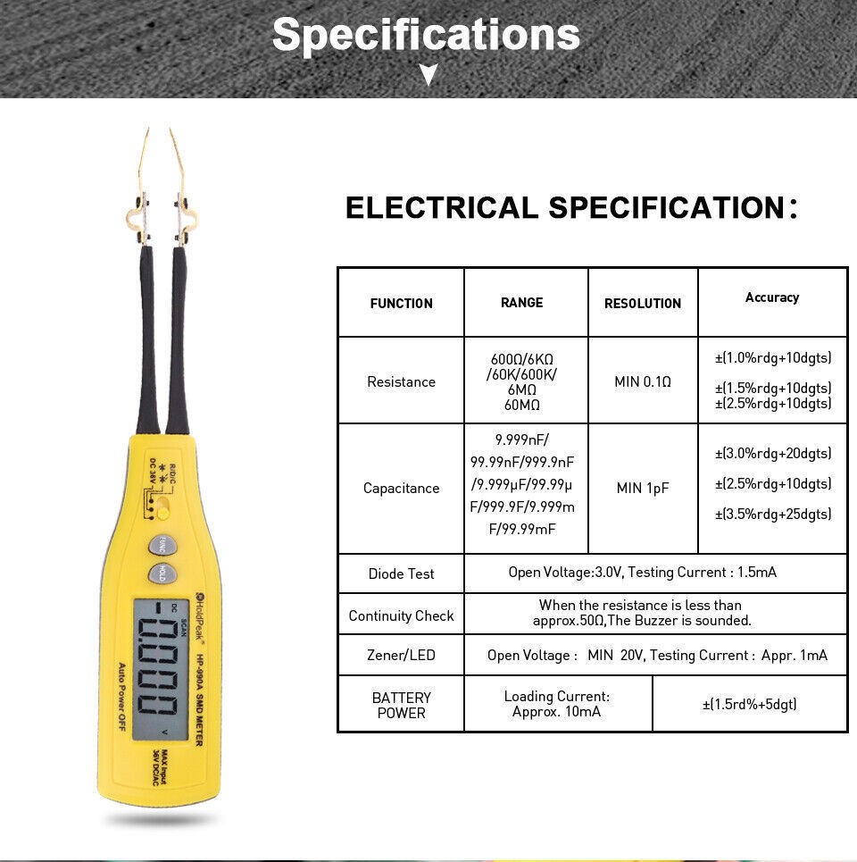 SMD Component Tester Meter – Resistance Capacitance Diode Zener LED Continuity