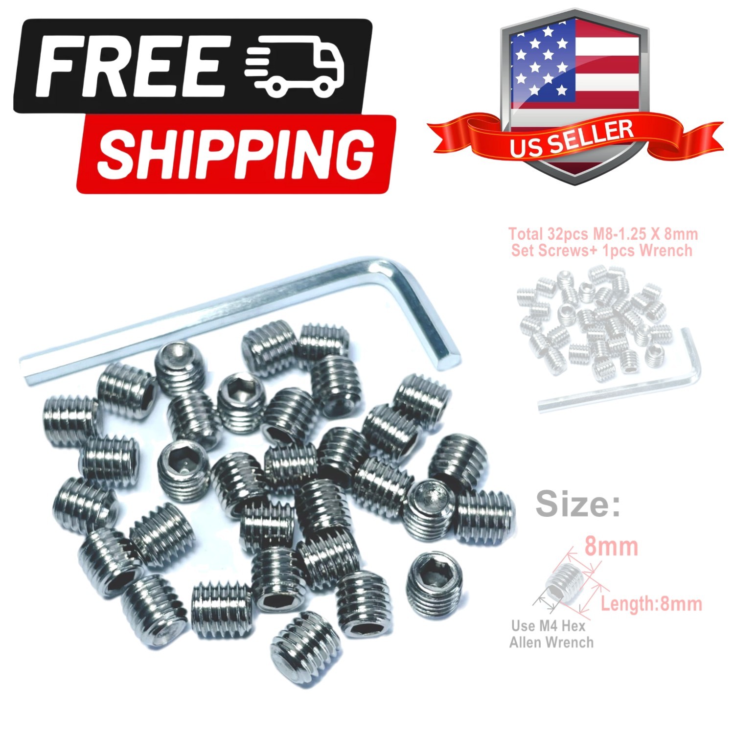 32pcs M8-1.25 X 8mm 304 Set Stainless Steel M8 x 8mm Set Hex Allen Head Hex H…