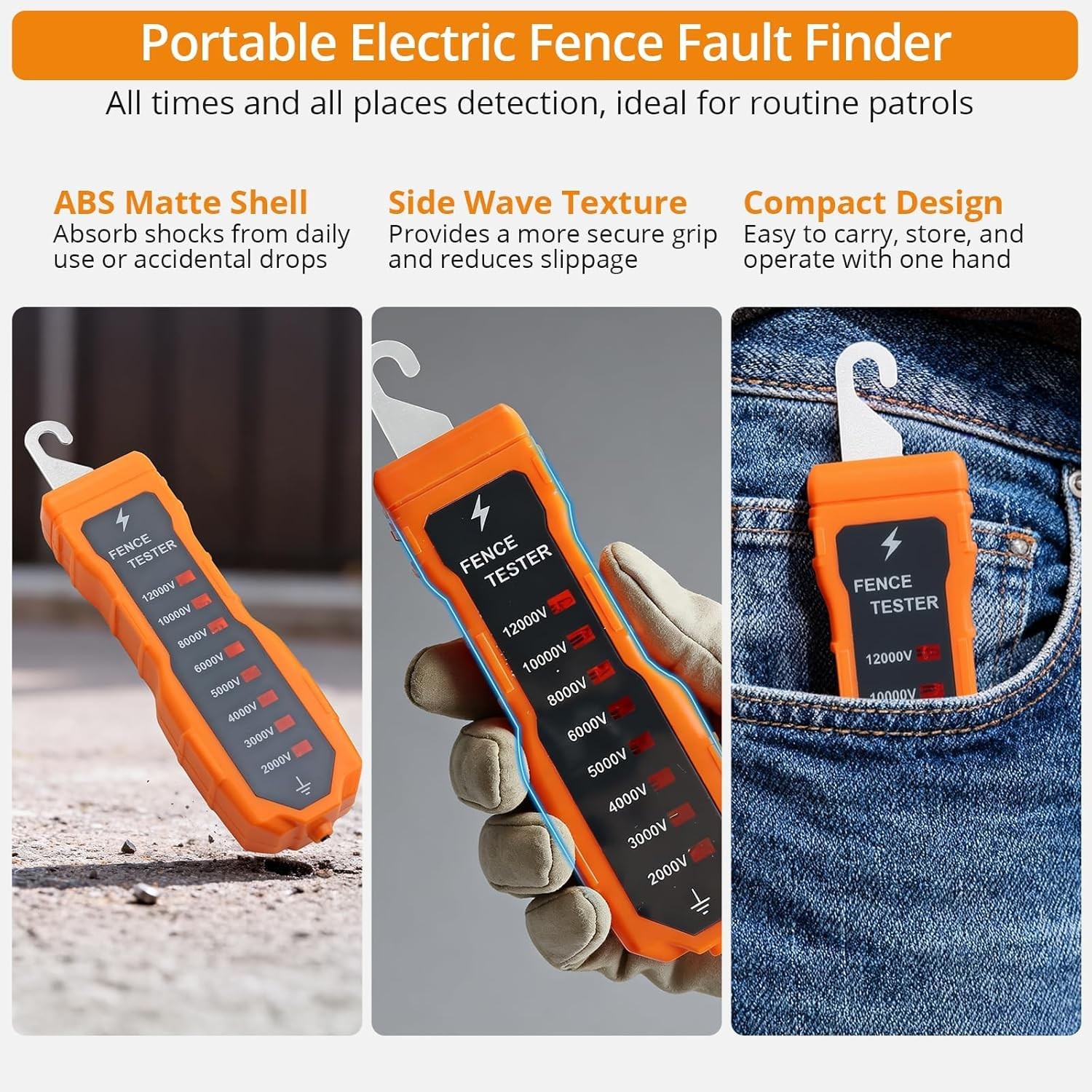 2000-12000V Electric Fence Voltage Tester Fence Fault Finder with 8 Neon Indicat