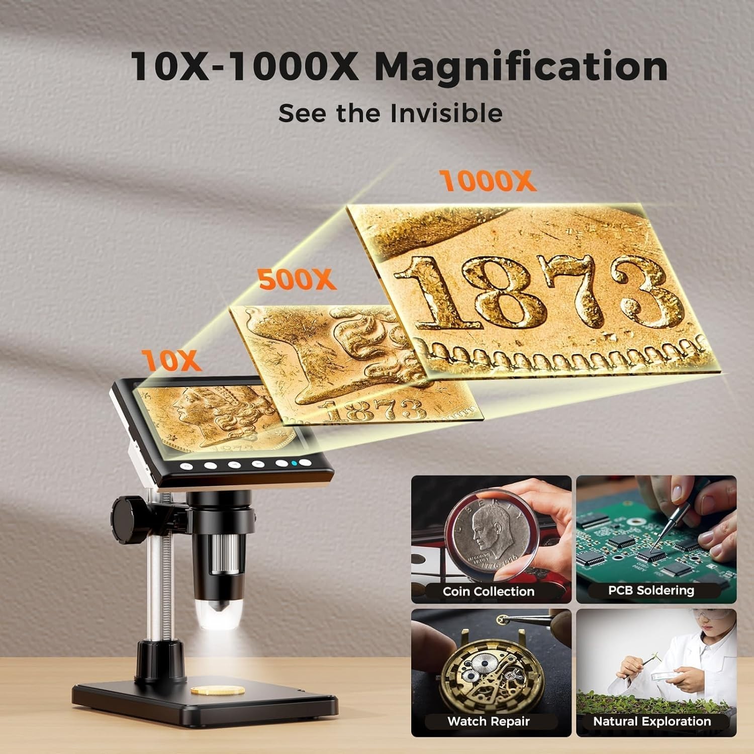 4.3 Inch LCD Digital Coin Microscope, 1000X USB Magnifier with 8 Adjustable L…