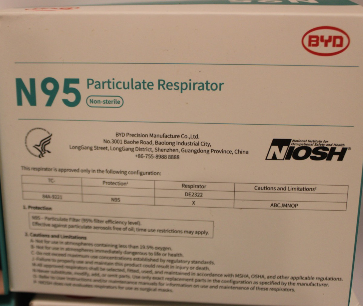 BYD DE2322 – N95 Foldable Particulate Respirator Masks – (8) 20 Count Boxes