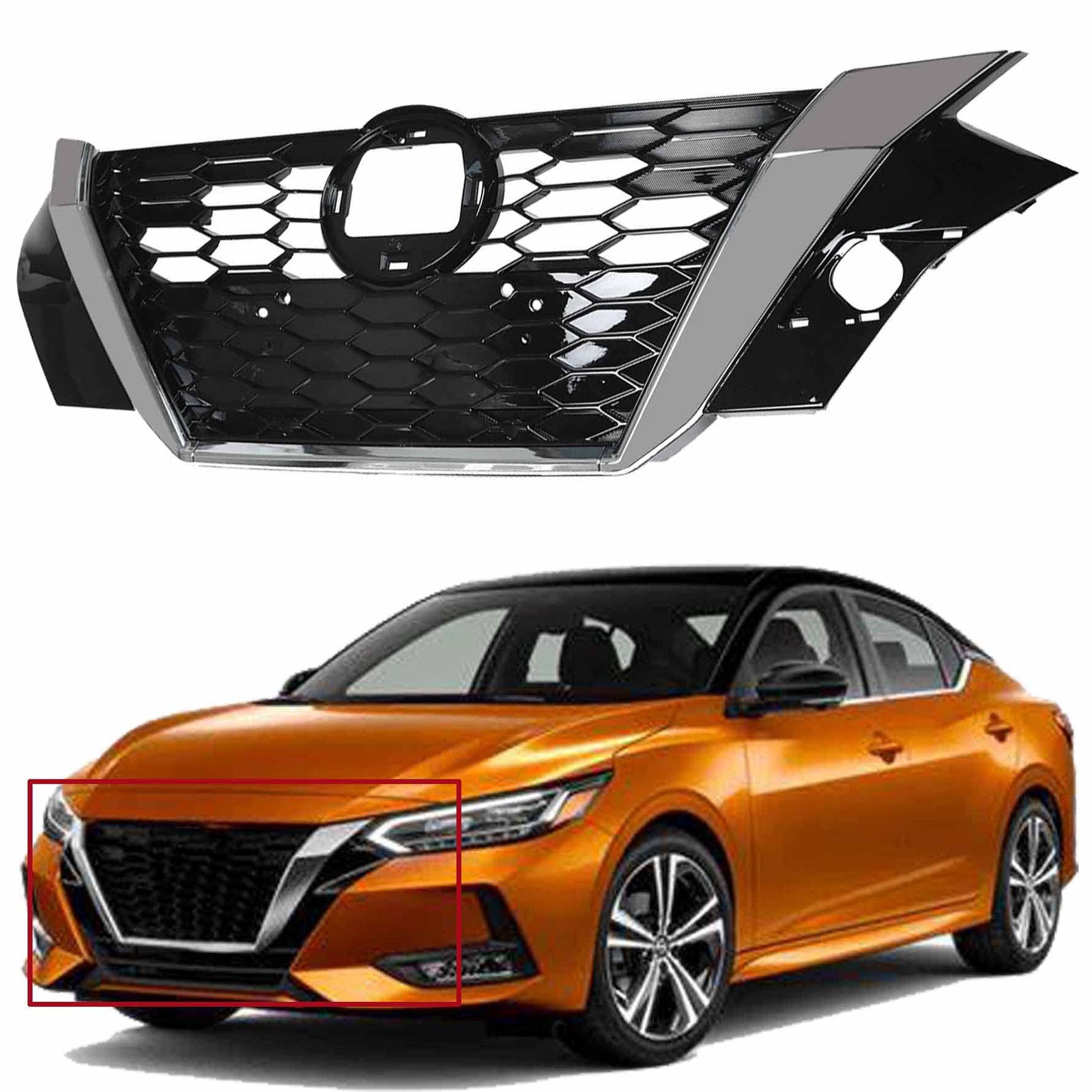Front Bumper Upper Grille Black Chrome Replacement for 2020 2021 Sentra