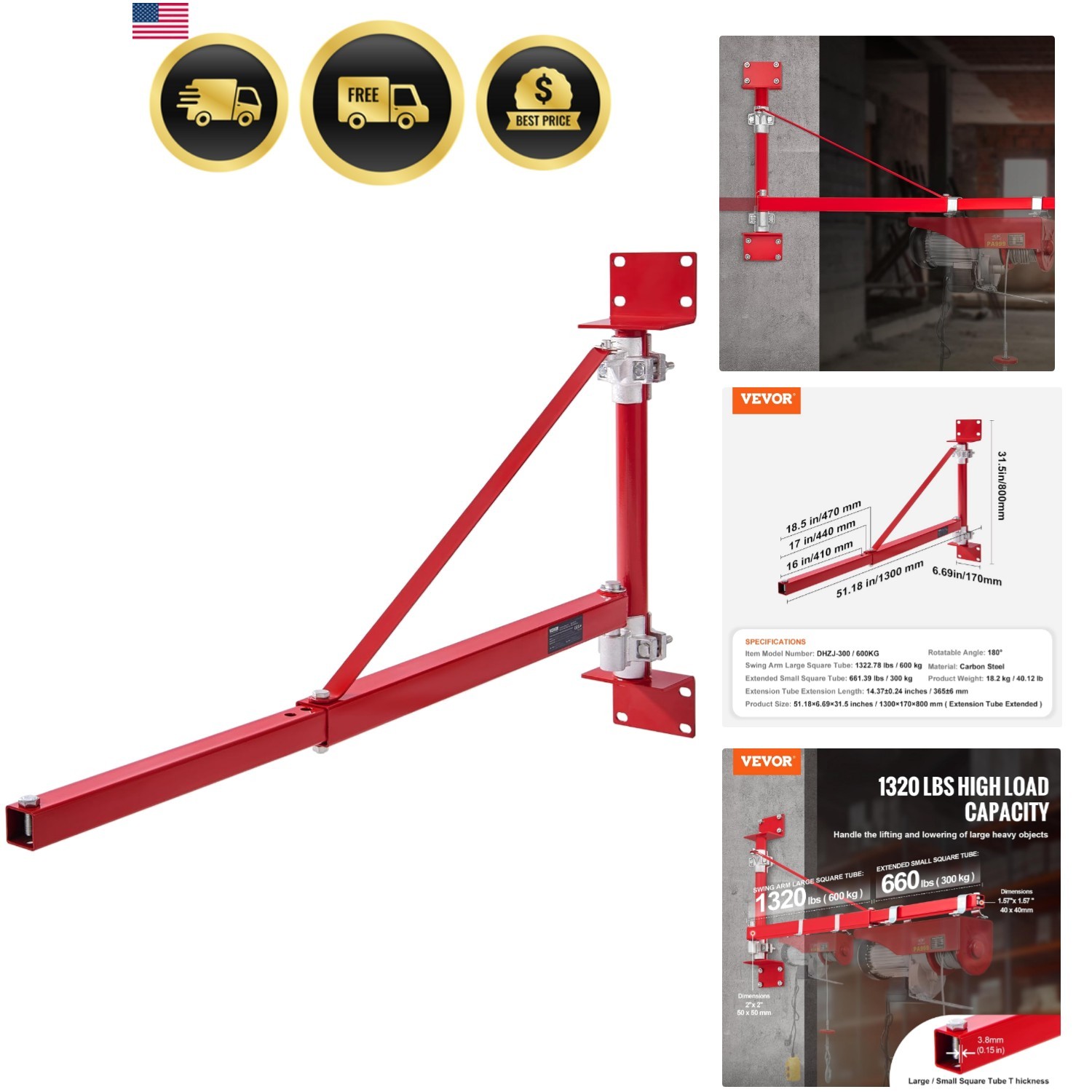 Wall Mount Jib Crane Electric Hoist Swing Arm Support Heavy Duty Steel 1320 lbs
