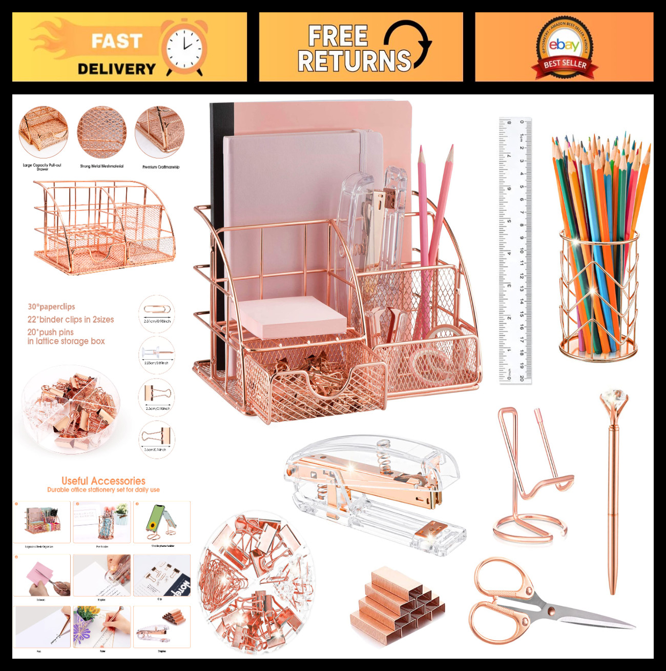 Rose Gold Desk Organizer Set – Stapler, Pen Holder, Phone Stand, Scissors & More