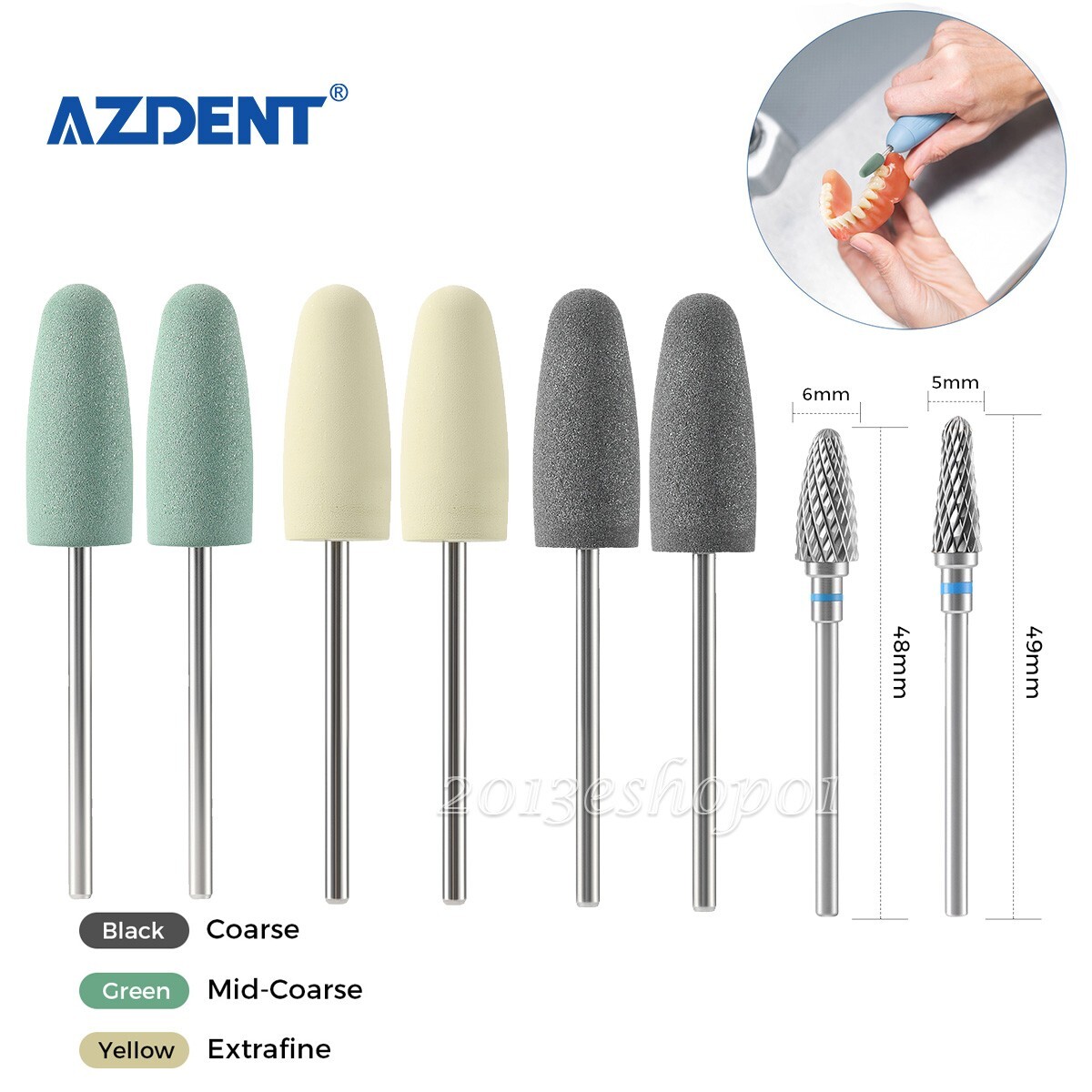 Dental Resin Base Acrylic Polishing Kit 6pcs HP Silicone Polisher+2pc Carbide