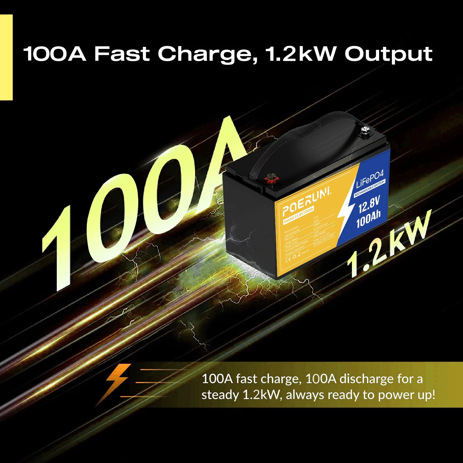 12V 100Ah LiFePO4 Lithium Battery POERUNI Deep Cycles BMS for Solar RV Marine