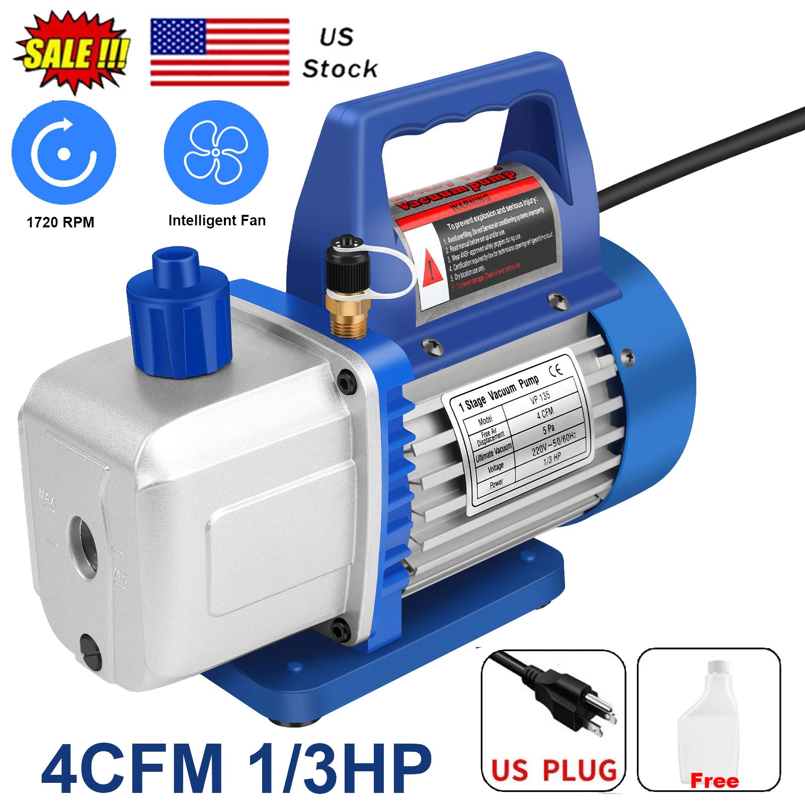 110-220V 1/3 HP 4 CFM Single-Stage Rotary Vane Air Vacuum Pump w/ Oil Bottle US