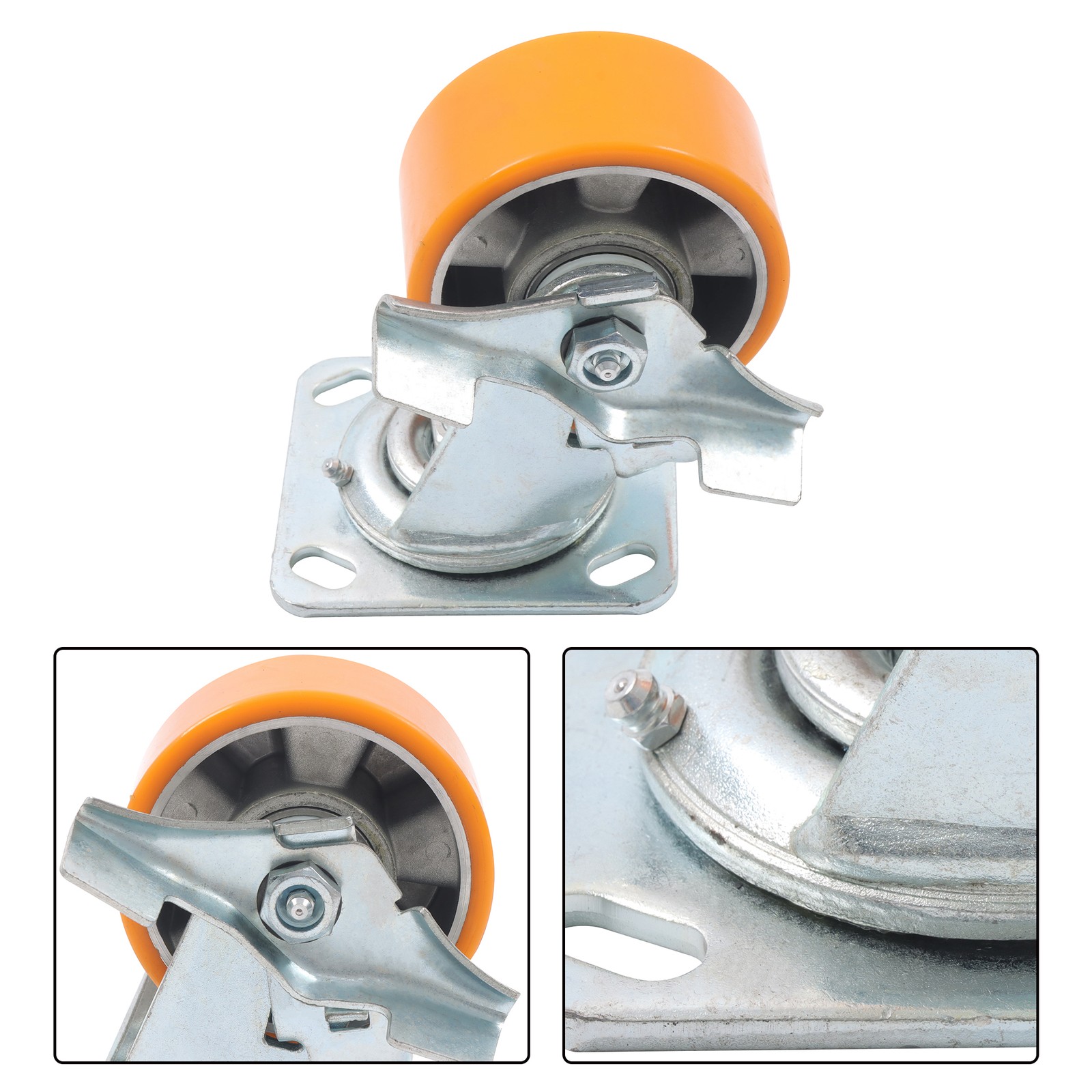 4″ Side Brake Polyurethane Plate Casters, 3200 Pounds, Silver + Qrange, 4 Pieces