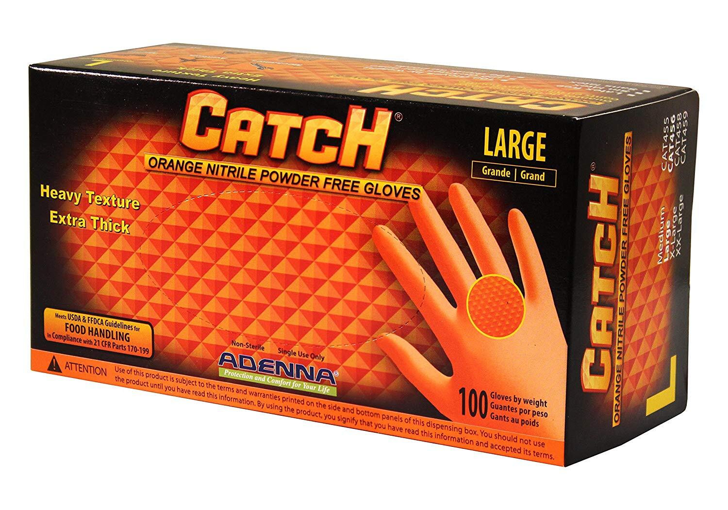 Adenna CAT456 Catch 8 mil Powder Free Nitrile Gloves (Orange, Large) Box of 100