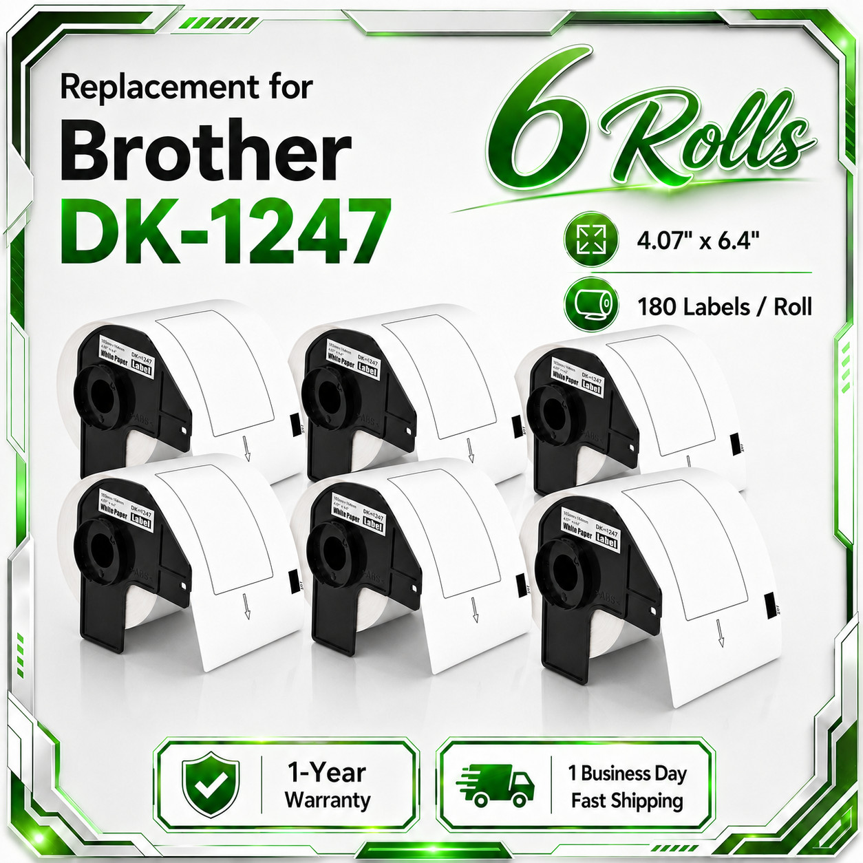 6Rolls DK-1247 Shipping Label 4.07 x 6.4 in Used in Brother QL Label Printers