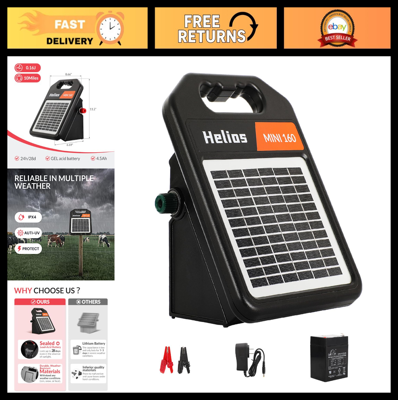 10 Mile Solar Electric Fence Charger – 0.16J Portable Energizer with Day/Night M