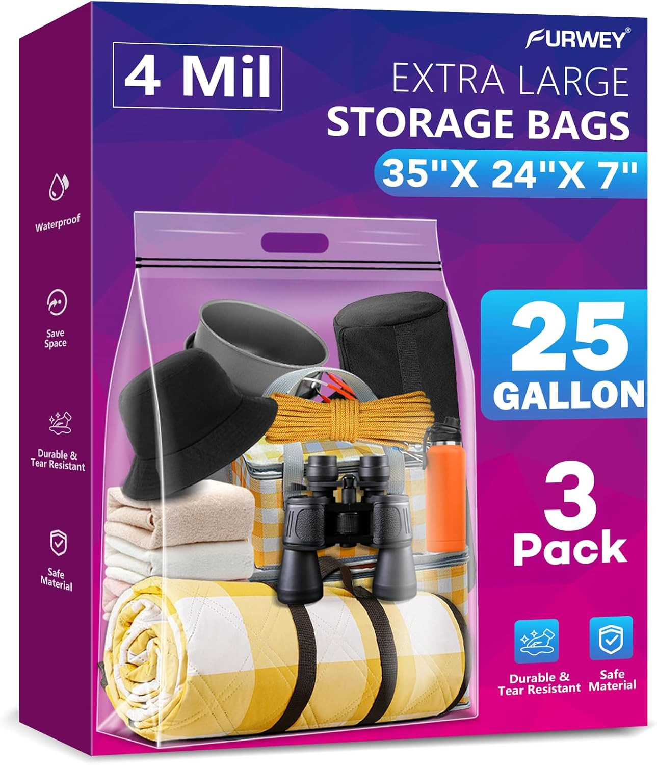 25 Gallon Extra Large Storage Bags 35”X 24”Resealable Clear Bags with Handle 4 M