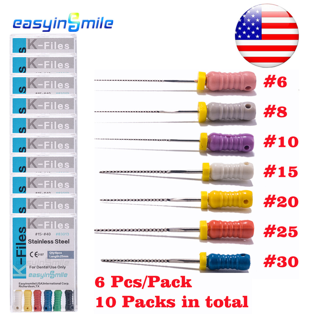Endodontic Hand files Endo Root canal K files Dental Stainless Steel#6/8/10 25MM