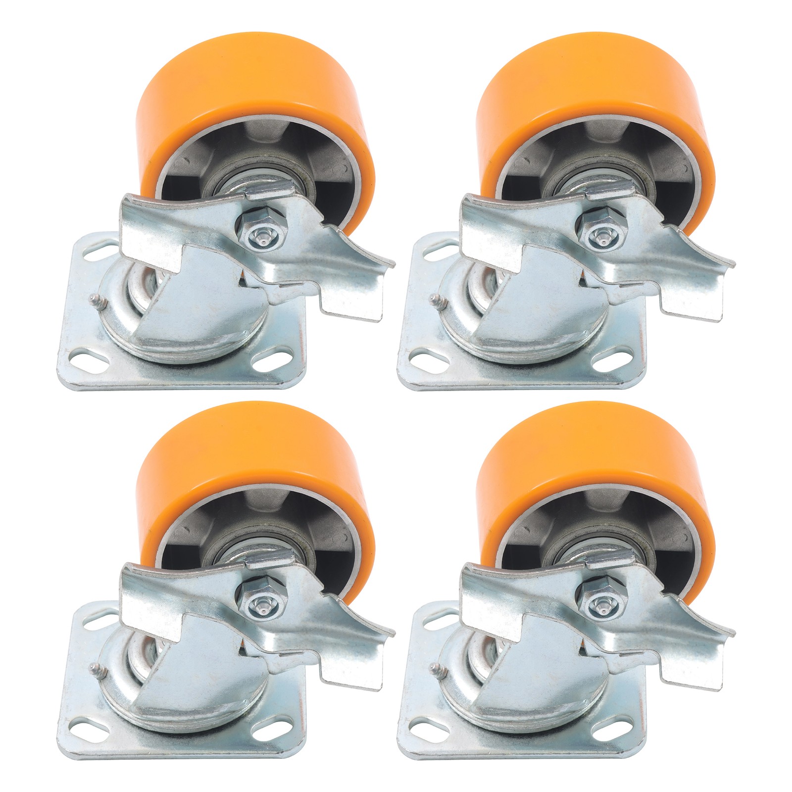 4″ Side Brake Polyurethane Plate Casters, 3200 Pounds, Silver + Qrange, 4 Pieces