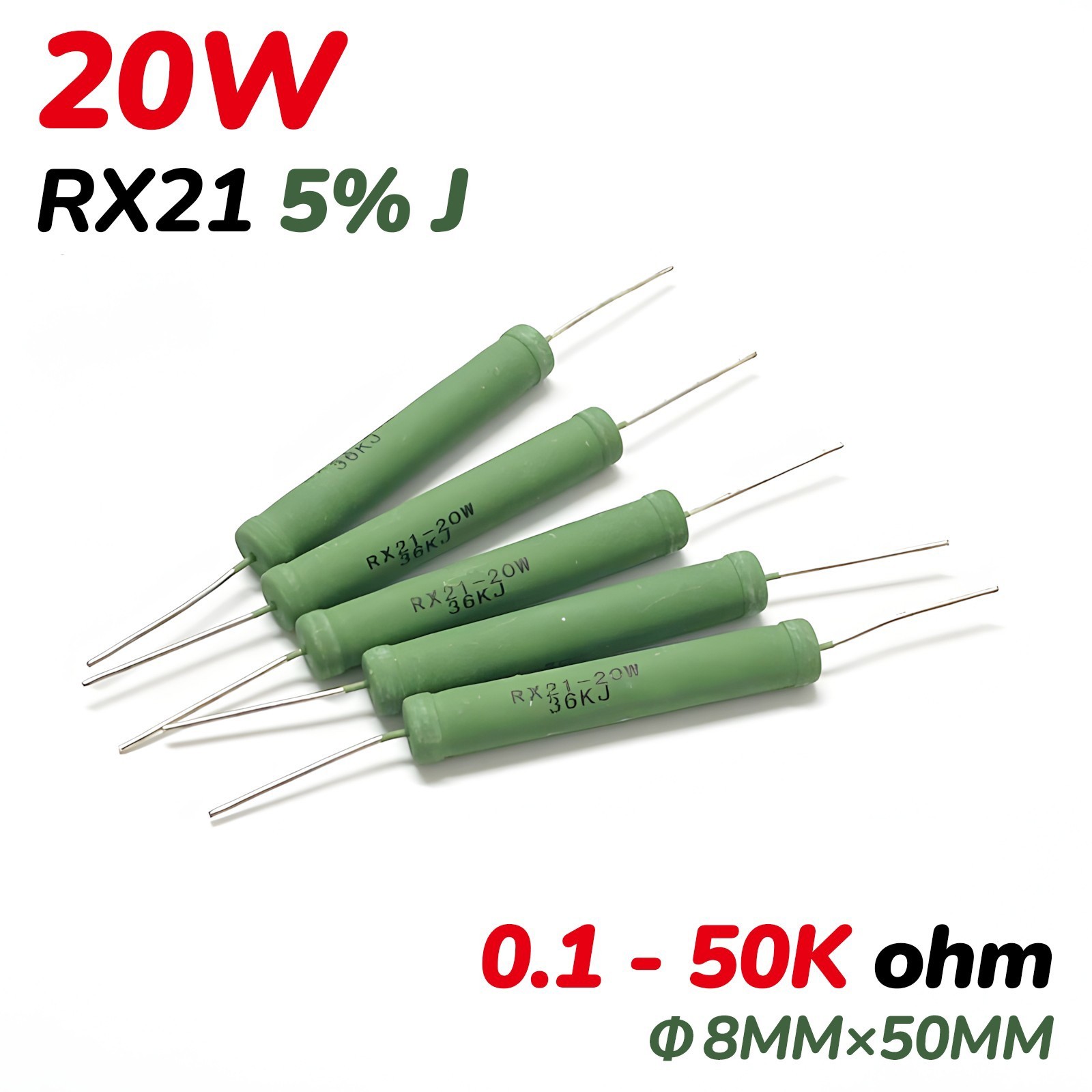 20 Watt Wirewound Resistors Axial Leaded 5% J 0.1-50K ohm Resistor Through Hole