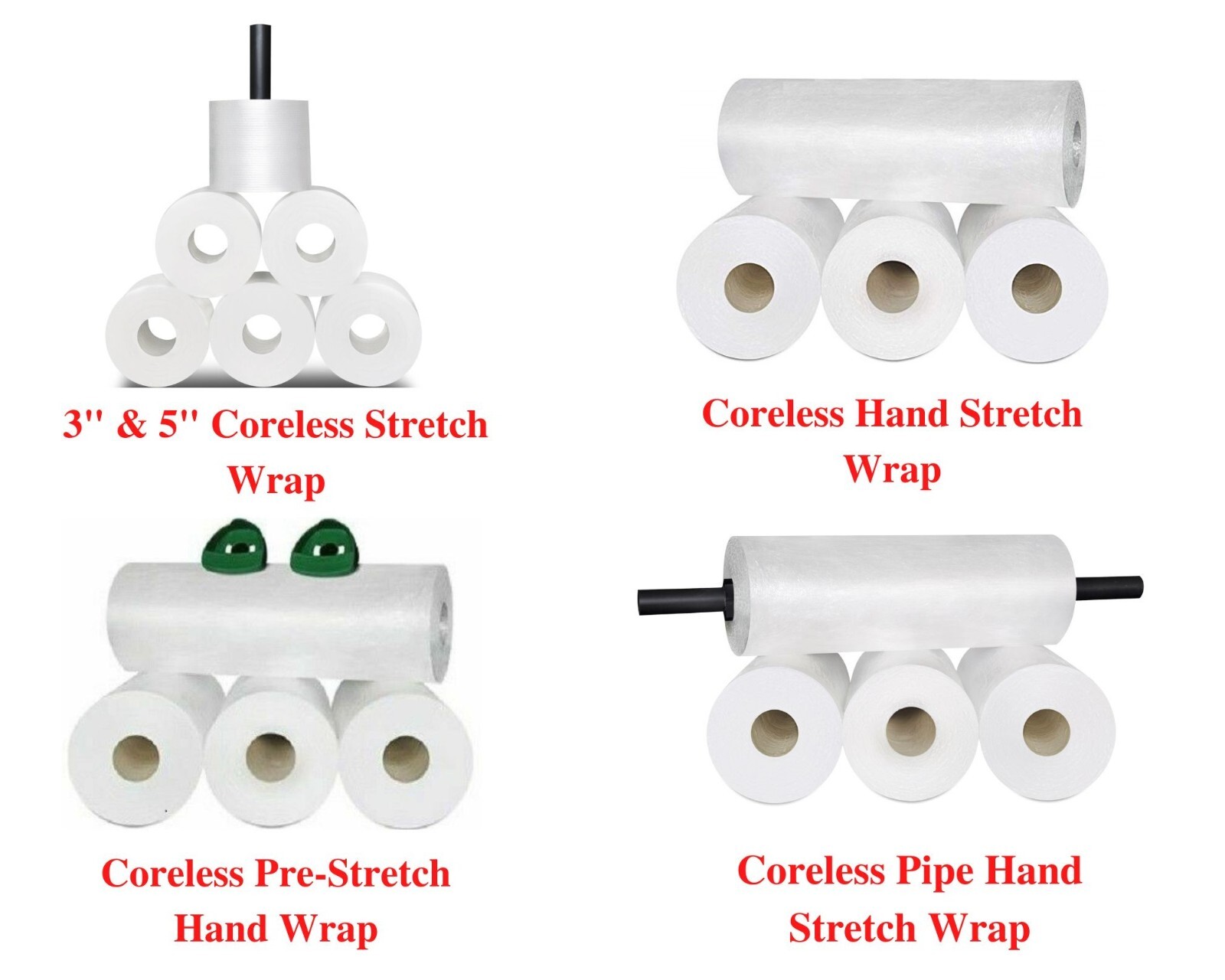 Coreless Stretch Wrap Plastic Hand Film, Clear, Choose: Type, Size & Rolls