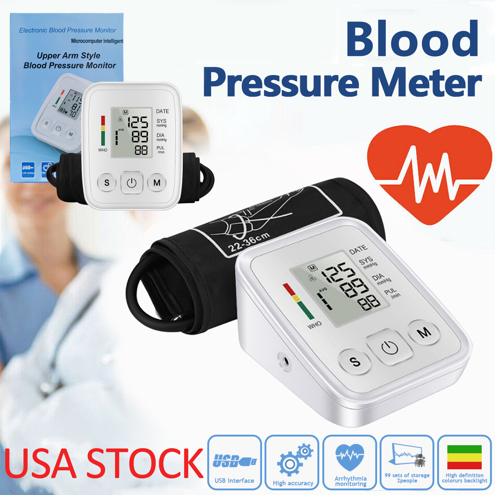 Digital Automatic Blood Pressure Monitor Upper Arm Smart BP Machine Large Cuff