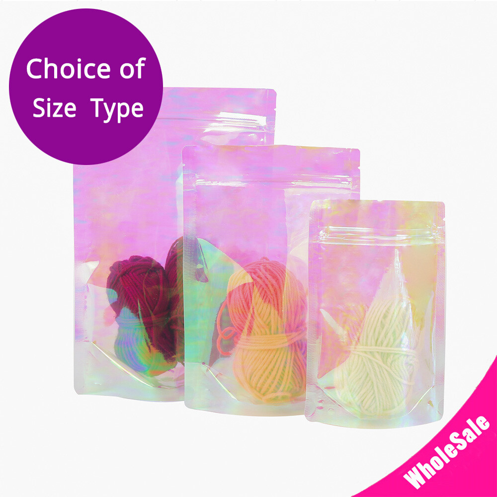 Multi-Sizes Holographic Glossy Pink Clear Plastic Stand up Zip Lock Pouch Bag P2