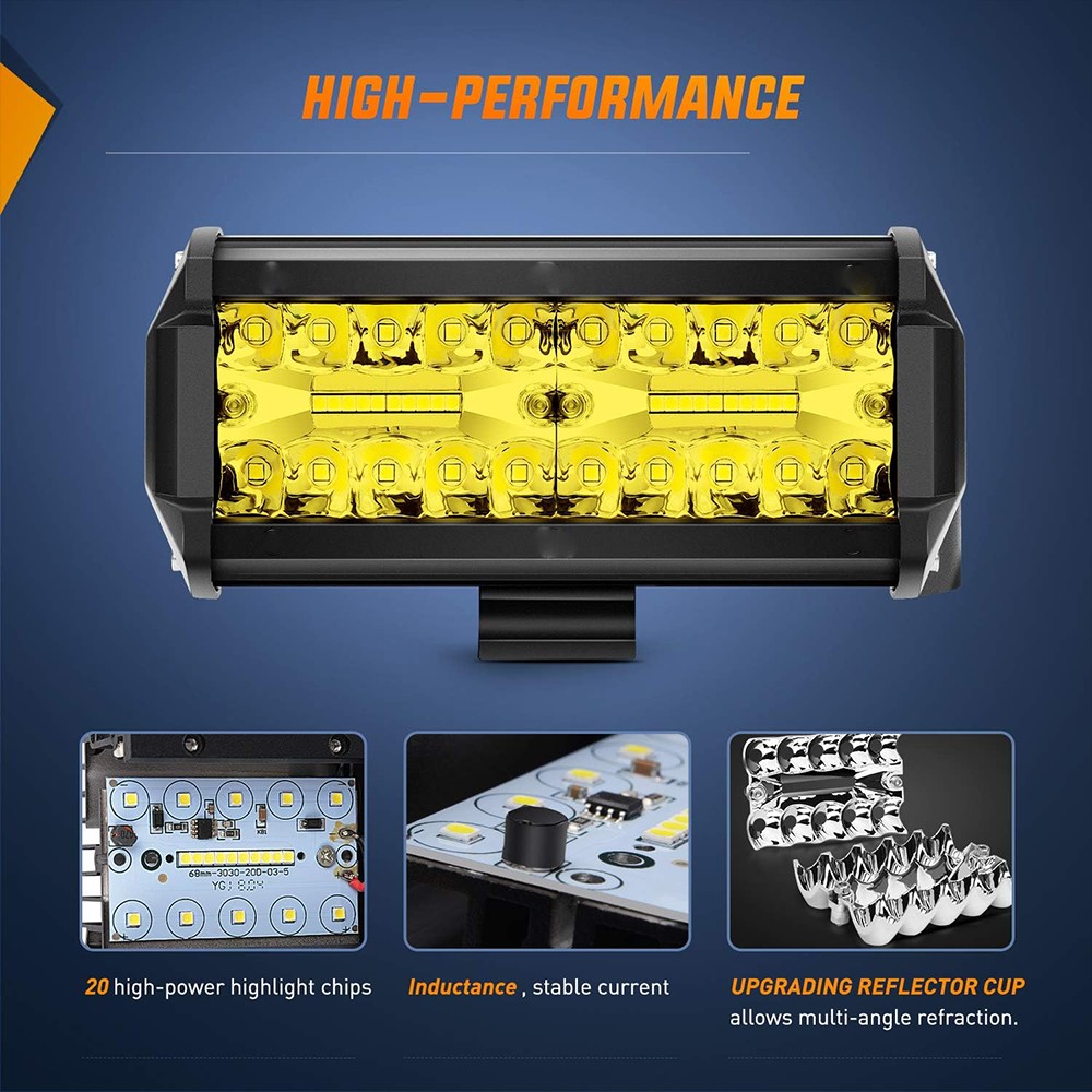 2x 7Inch Yellow LED Work Light Bar Flood Spot Pod Offroad Fog Driving ATV Truck